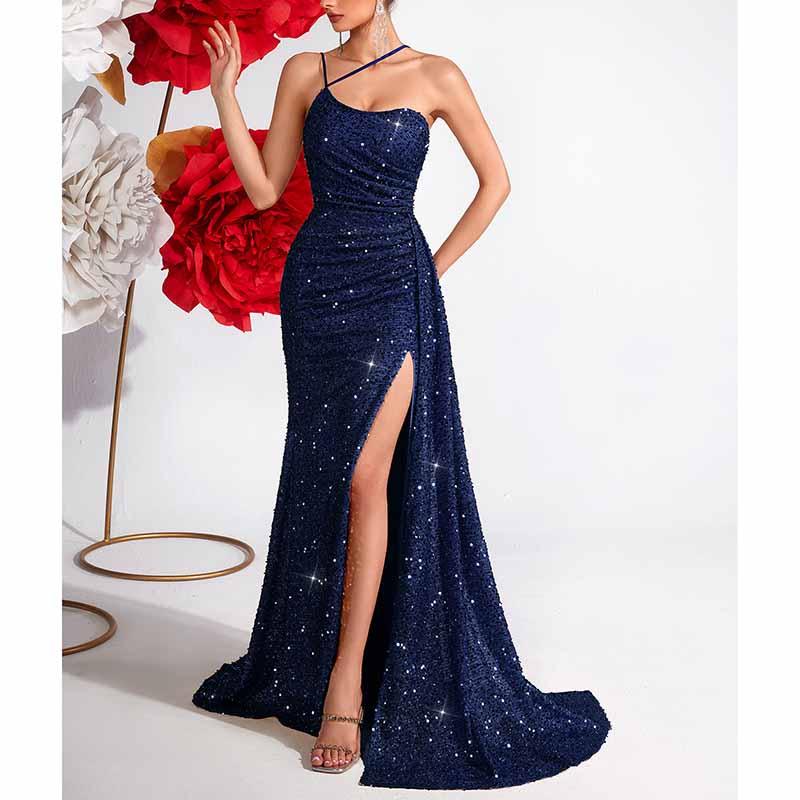 Sparkly One Shoulder Split Maxi Dress | Sequin Bodycon Gown - Styeenigma