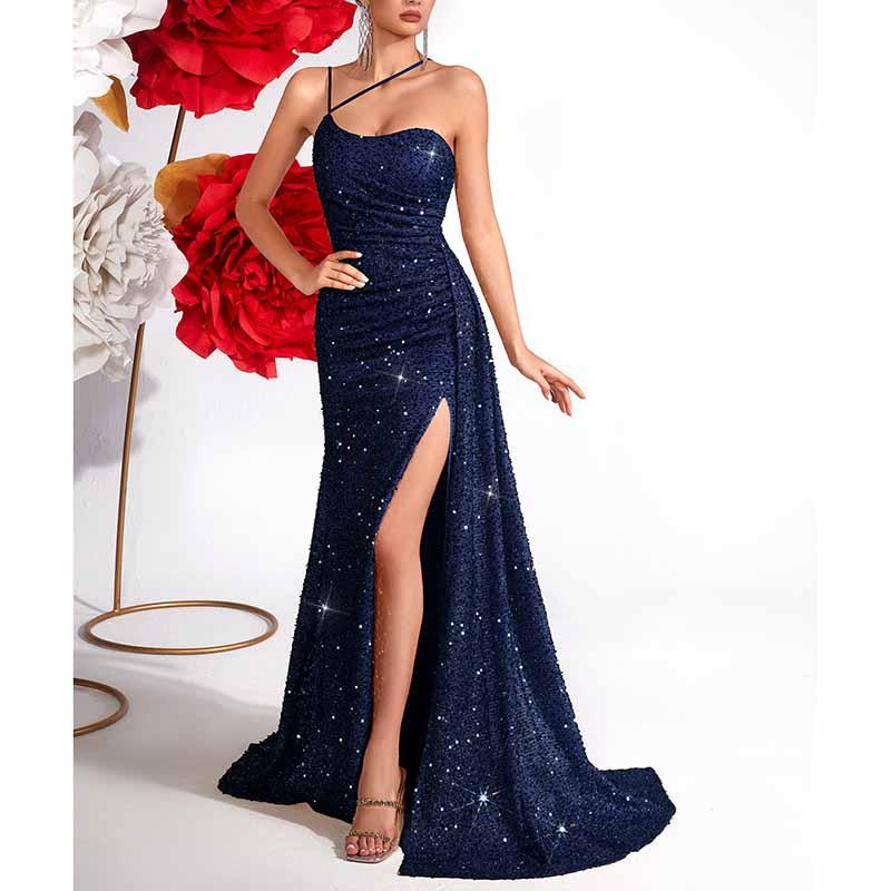 Sparkly One Shoulder Split Maxi Dress | Sequin Bodycon Gown - Styeenigma