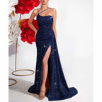 Sparkly One Shoulder Split Maxi Dress | Sequin Bodycon Gown - Styeenigma