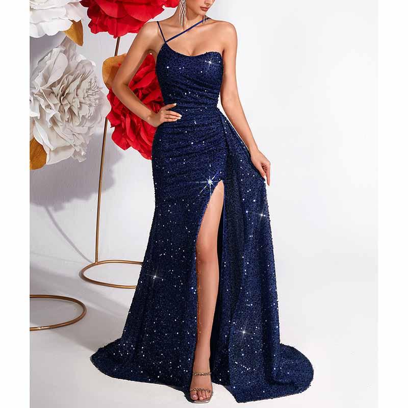 Sparkly One Shoulder Split Maxi Dress | Sequin Bodycon Gown - Styeenigma