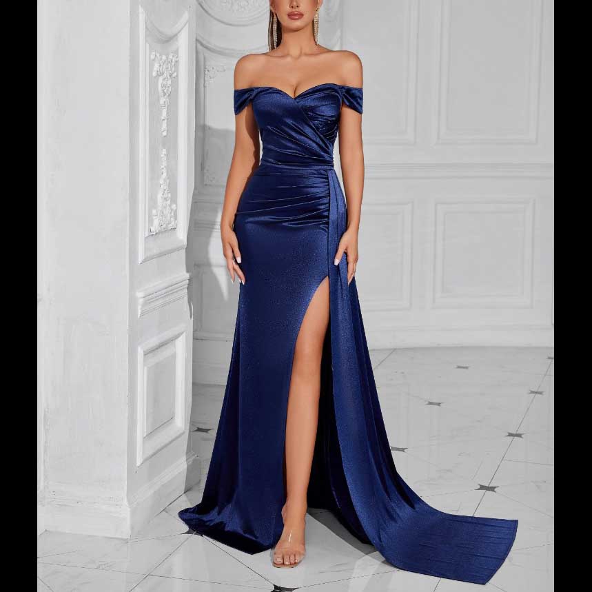 Mermaid Satin Off Shoulder Prom Dress with High Split – Ball Gown For Events