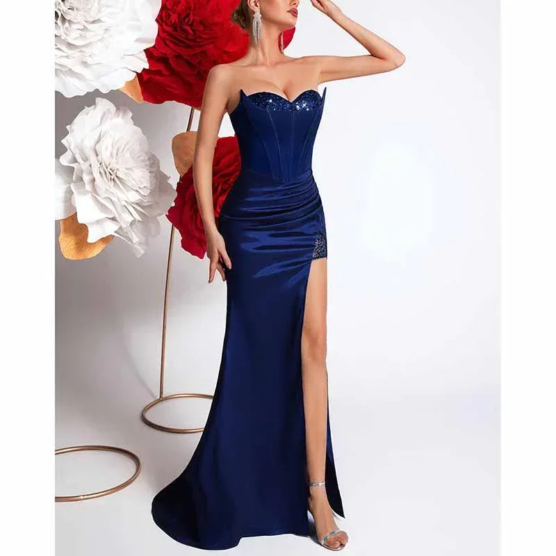 Navy Blue Corset Prom Dress | Sweetheart Split Formal Gown - Styeenigma