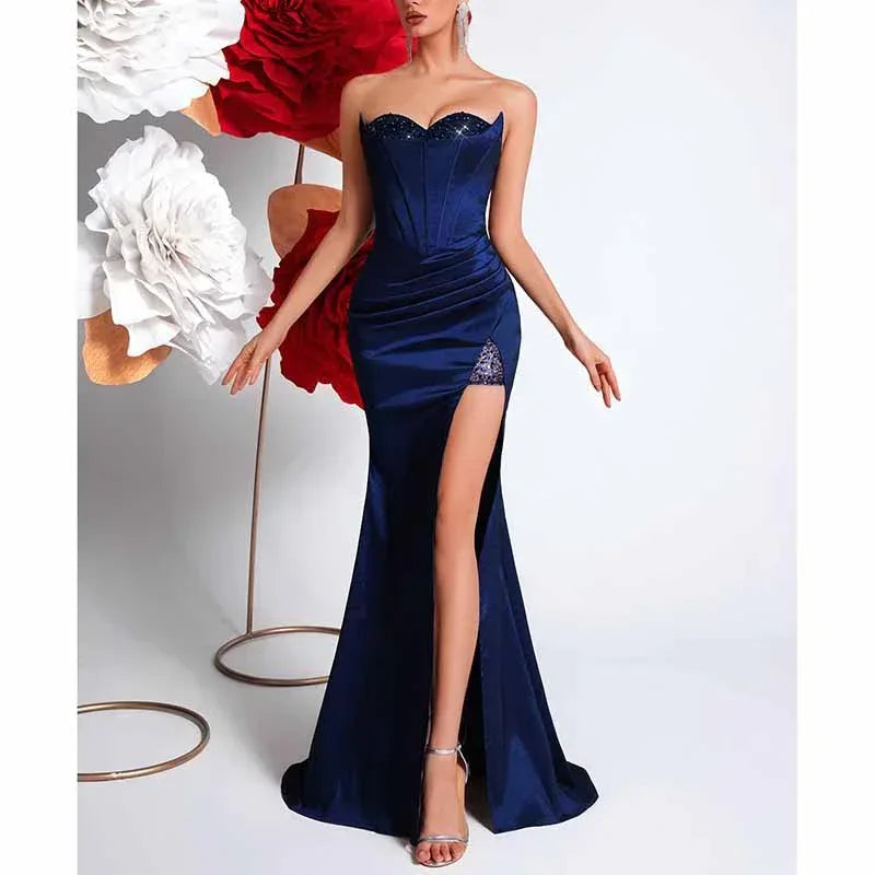 Navy Blue Corset Prom Dress | Sweetheart Split Formal Gown - Styeenigma