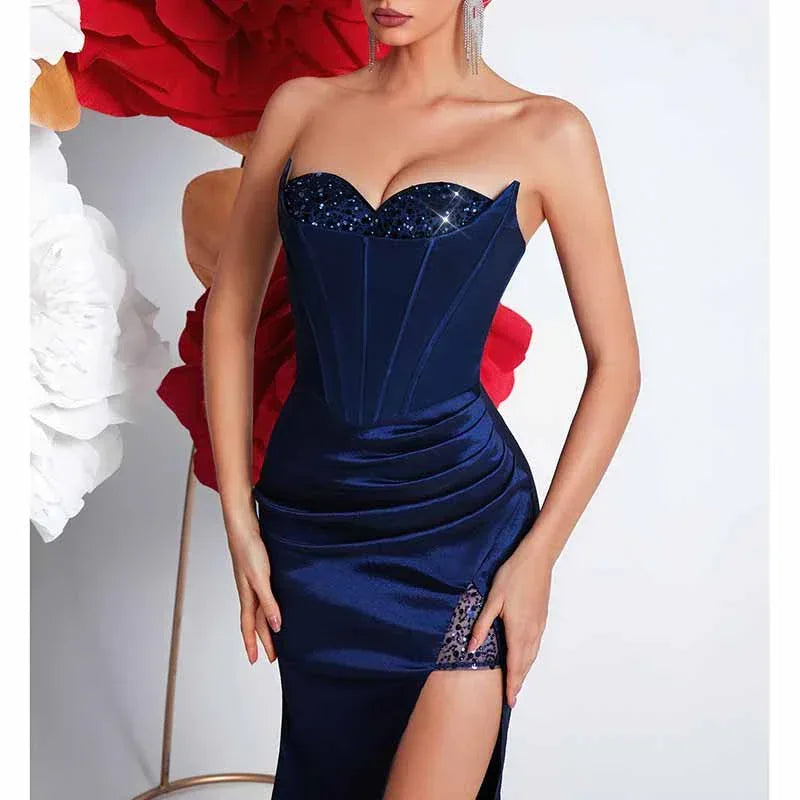 Navy Blue Corset Prom Dress | Sweetheart Split Formal Gown - Styeenigma