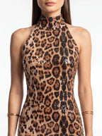 High Neck Sleeveless Leopard Print Maxi Dress | Sequin Embellished Evening Gown