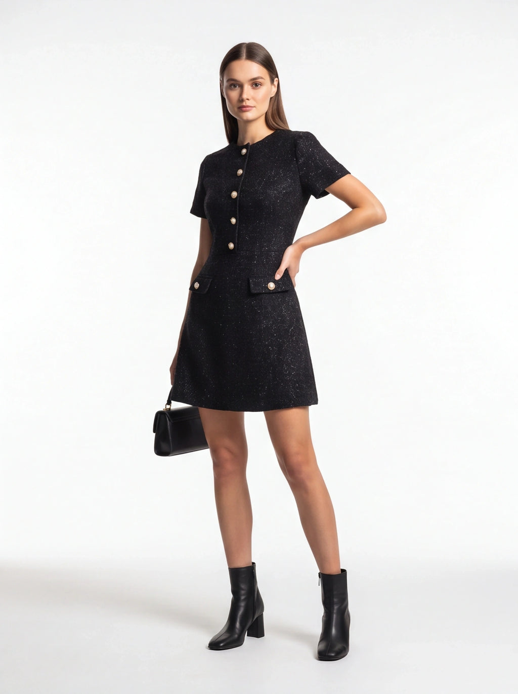 Tweed Party Dress | Short Sleeve Pearl Button Mini Dress