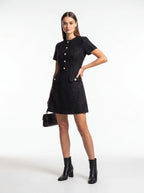 Tweed Party Dress | Short Sleeve Pearl Button Mini Dress