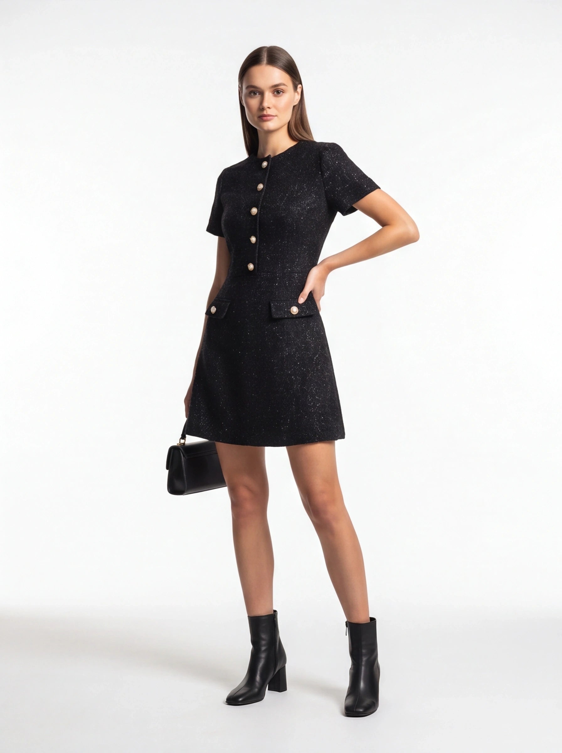 Tweed Party Dress | Short Sleeve Pearl Button Mini Dress