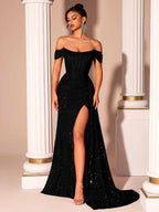Sparkling Off-Shoulder Sequin Gown with High Slit – Formal Evening Dress for Proms, Galas & Weddings