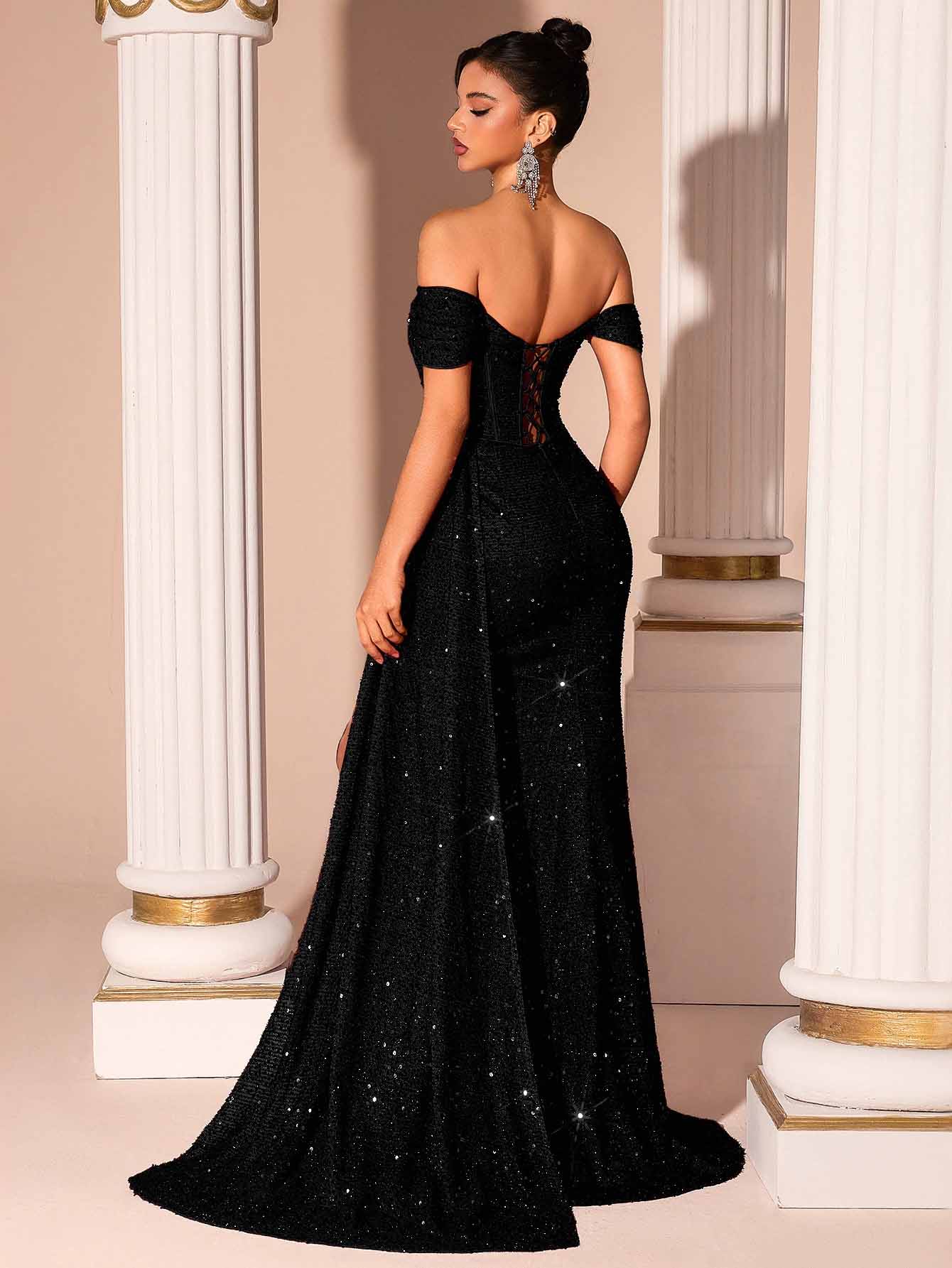 Sparkling Off-Shoulder Sequin Gown with High Slit – Formal Evening Dress for Proms, Galas & Weddings