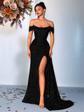 Sparkling Off-Shoulder Sequin Gown with High Slit – Formal Evening Dress for Proms, Galas & Weddings