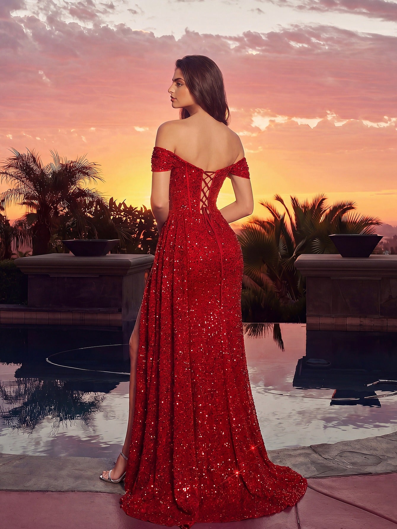 Sparkling Off-Shoulder Sequin Gown with High Slit – Formal Evening Dress for Proms, Galas & Weddings