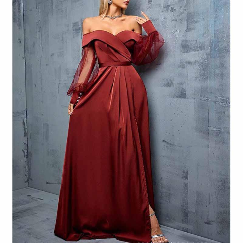 Red Brown Off Shoulder Tulle Long Sleeve Formal Dress Wedding Guest - Styeenigma