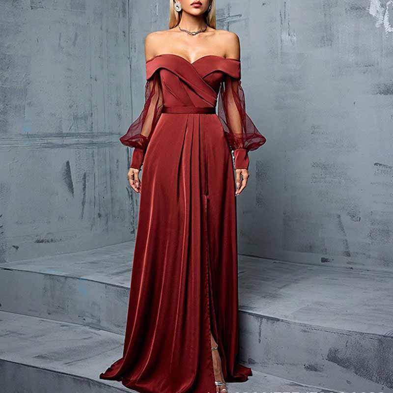 Red Brown Off Shoulder Tulle Long Sleeve Formal Dress Wedding Guest - Styeenigma
