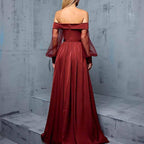 Red Brown Off Shoulder Tulle Long Sleeve Formal Dress Wedding Guest - Styeenigma