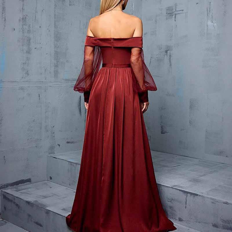 Red Brown Off Shoulder Tulle Long Sleeve Formal Dress Wedding Guest - Styeenigma