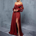 Red Brown Off Shoulder Tulle Long Sleeve Formal Dress Wedding Guest - Styeenigma