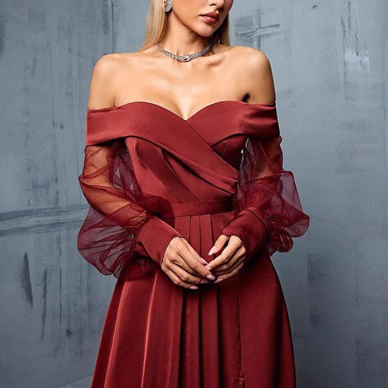 Red Brown Off Shoulder Tulle Long Sleeve Formal Dress Wedding Guest - Styeenigma