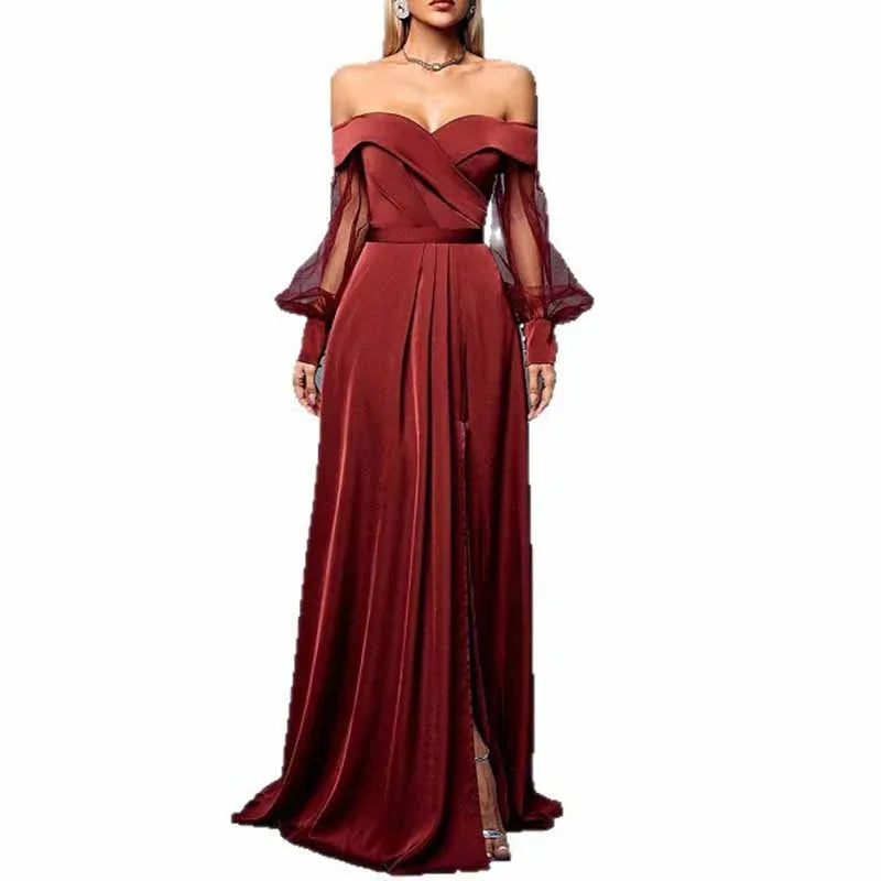 Red Brown Off Shoulder Tulle Long Sleeve Formal Dress Wedding Guest - Styeenigma