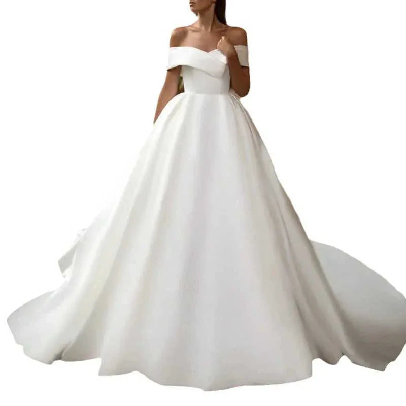 Palace Ball Gown Wedding Dress Off Shoulder Satin A Line With Tail - Styeenigma
