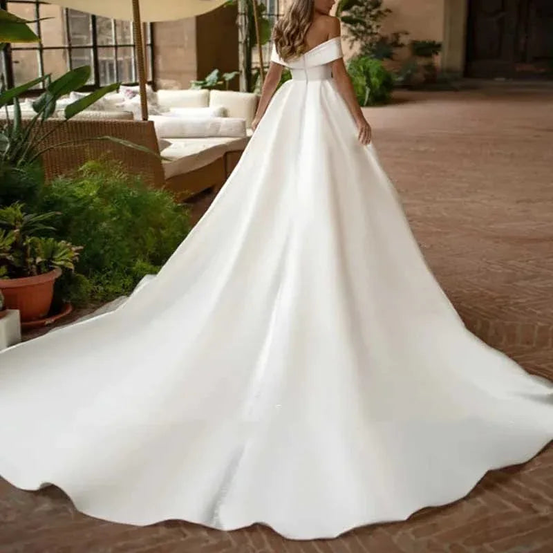 Palace Ball Gown Wedding Dress Off Shoulder Satin A Line With Tail - Styeenigma