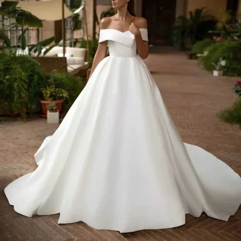 Palace Ball Gown Wedding Dress Off Shoulder Satin A Line With Tail - Styeenigma