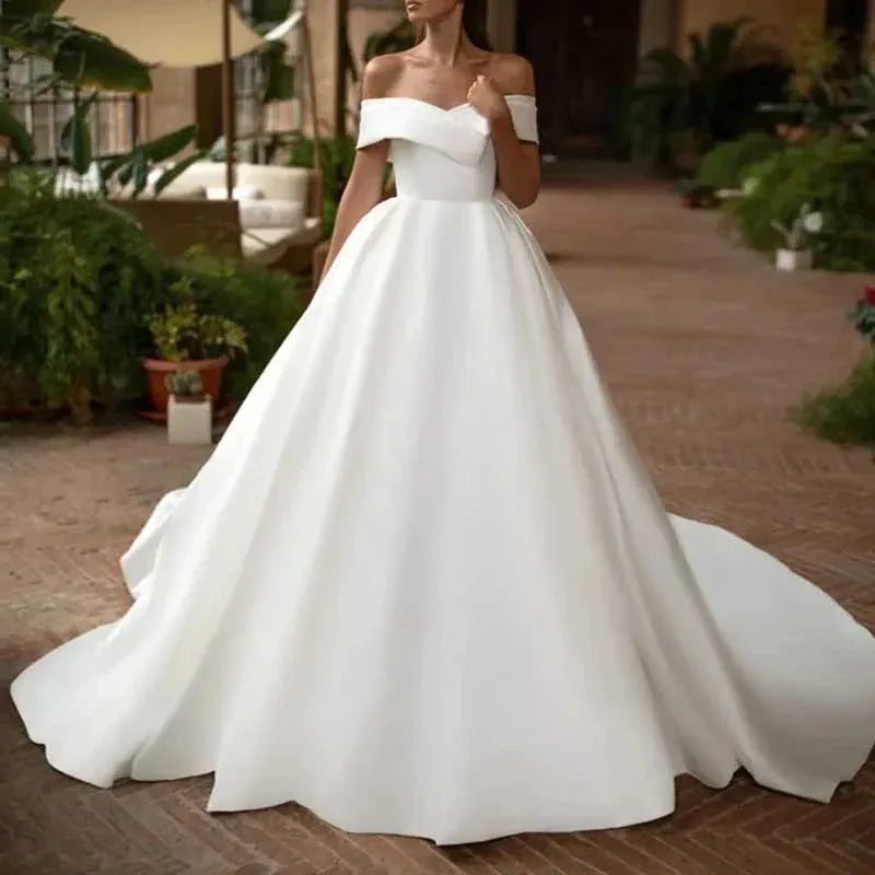 Palace Ball Gown Wedding Dress Off Shoulder Satin A Line With Tail - Styeenigma