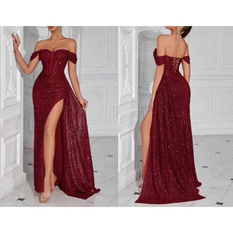 Off Shoulder Sequin Prom Dress | Long Ruch High Split Evening Gown - Styeenigma