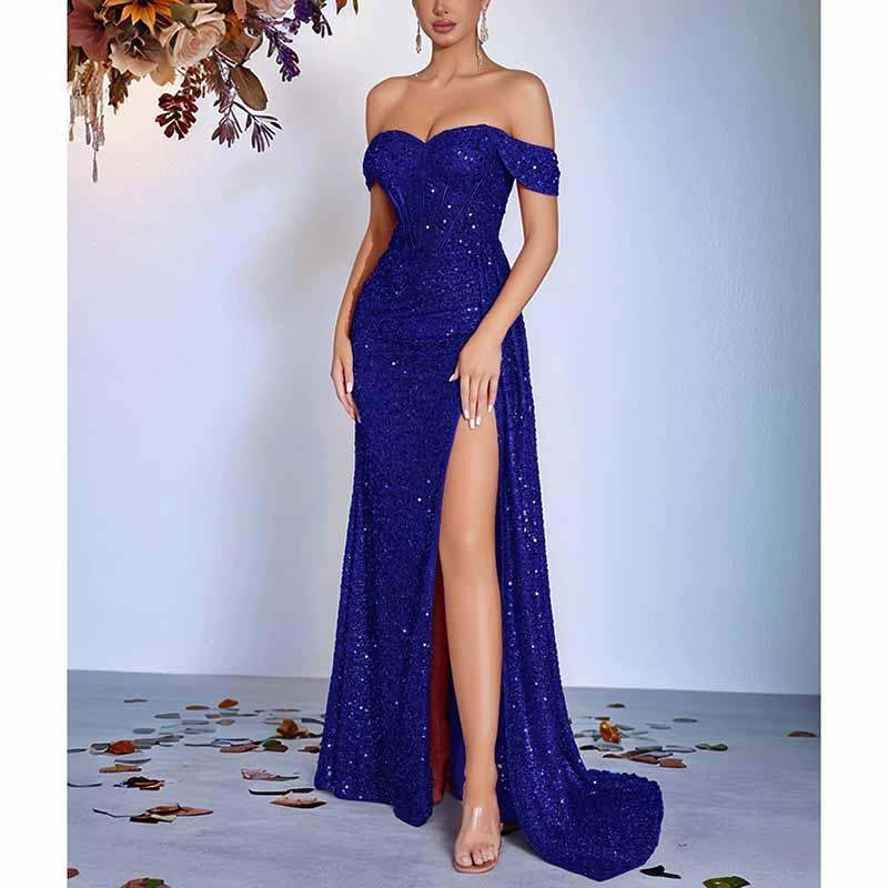 Off Shoulder Sequin Prom Dress | Long Ruch High Split Evening Gown - Styeenigma