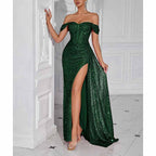 Off Shoulder Sequin Prom Dress | Long Ruch High Split Evening Gown - Styeenigma