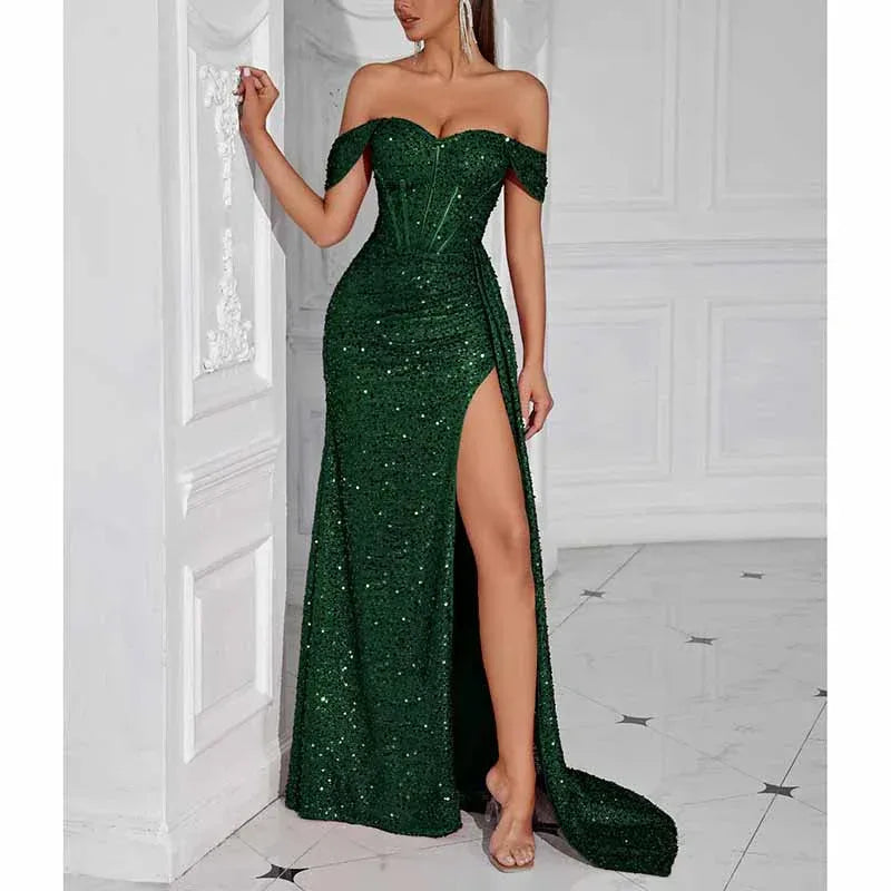 Off Shoulder Sequin Prom Dress | Long Ruch High Split Evening Gown - Styeenigma