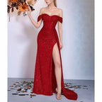 Off Shoulder Sequin Prom Dress | Long Ruch High Split Evening Gown - Styeenigma