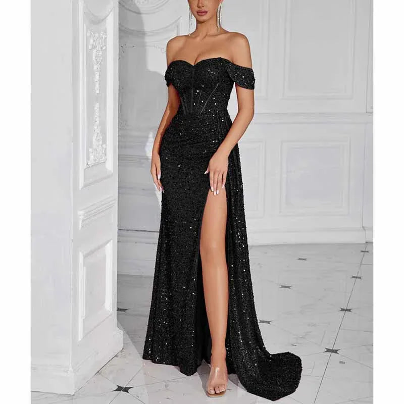 Off Shoulder Sequin Prom Dress | Long Ruch High Split Evening Gown - Styeenigma