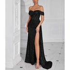 Off Shoulder Sequin Prom Dress | Long Ruch High Split Evening Gown - Styeenigma