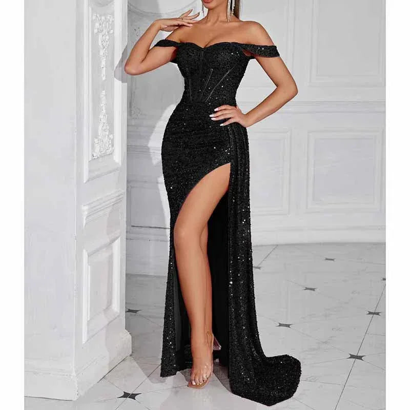 Off Shoulder Sequin Prom Dress | Long Ruch High Split Evening Gown - Styeenigma