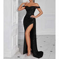 Off Shoulder Sequin Prom Dress | Long Ruch High Split Evening Gown - Styeenigma