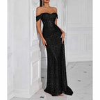 Off Shoulder Sequin Prom Dress | Long Ruch High Split Evening Gown - Styeenigma