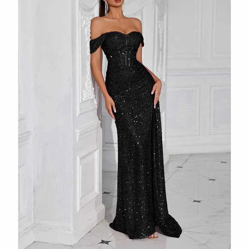 Off Shoulder Sequin Prom Dress | Long Ruch High Split Evening Gown - Styeenigma