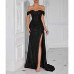 Off Shoulder Sequin Prom Dress | Long Ruch High Split Evening Gown - Styeenigma