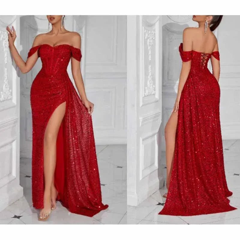 Off Shoulder Sequin Prom Dress | Long Ruch High Split Evening Gown - Styeenigma