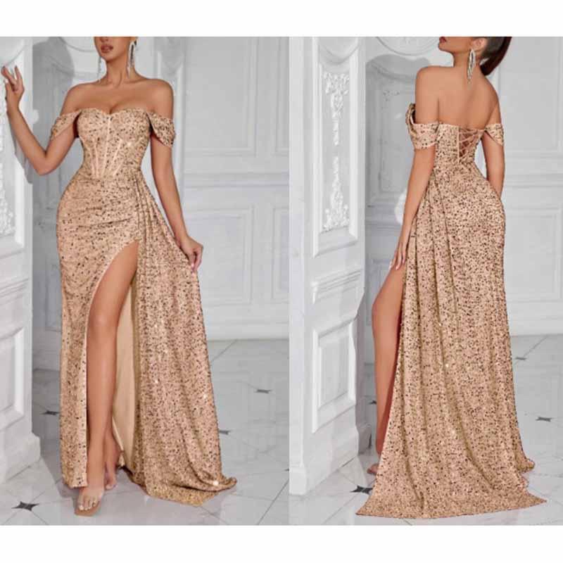 Off Shoulder Sequin Prom Dress | Long Ruch High Split Evening Gown - Styeenigma