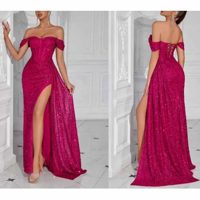 Off Shoulder Sequin Prom Dress | Long Ruch High Split Evening Gown - Styeenigma