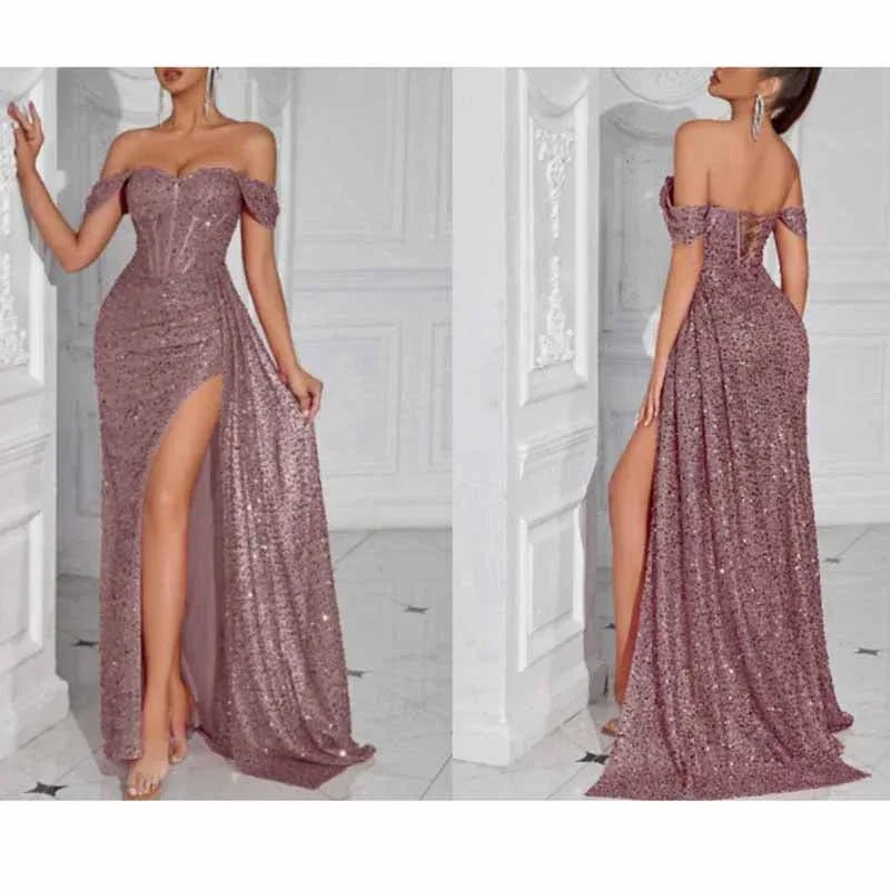 Off Shoulder Sequin Prom Dress | Long Ruch High Split Evening Gown - Styeenigma