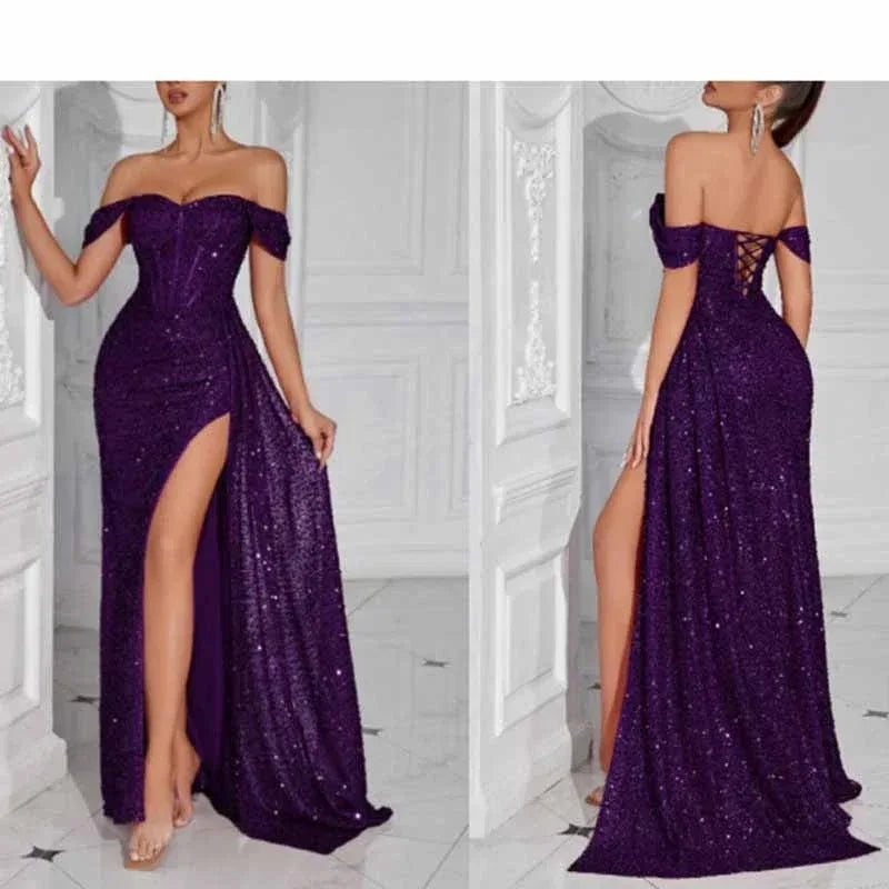 Off Shoulder Sequin Prom Dress | Long Ruch High Split Evening Gown - Styeenigma