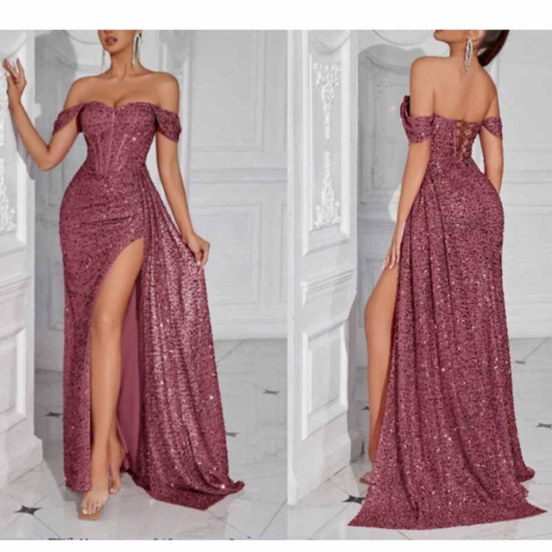 Off Shoulder Sequin Prom Dress | Long Ruch High Split Evening Gown - Styeenigma