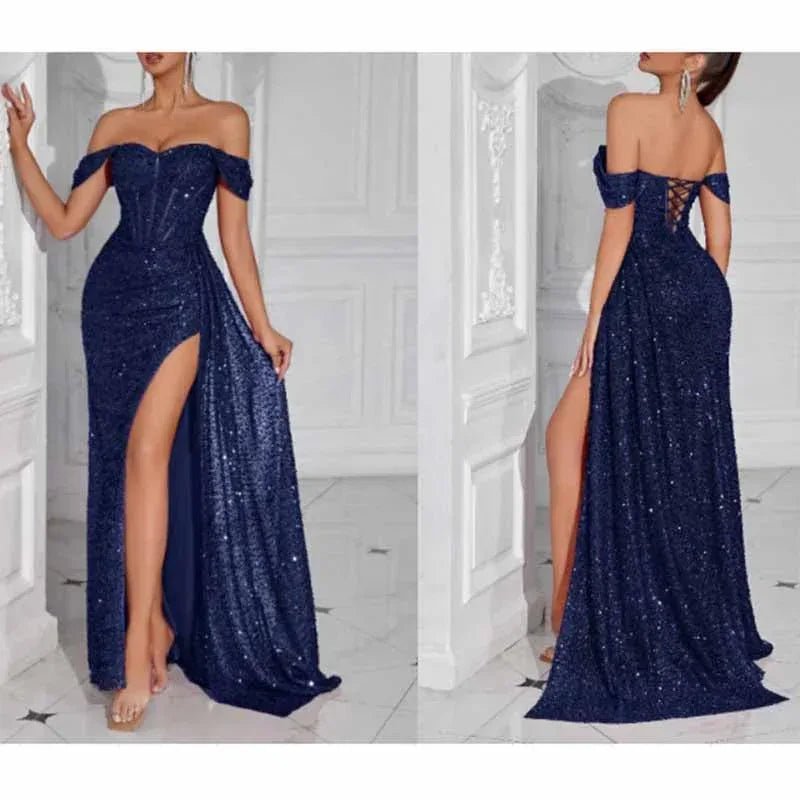 Off Shoulder Sequin Prom Dress | Long Ruch High Split Evening Gown - Styeenigma