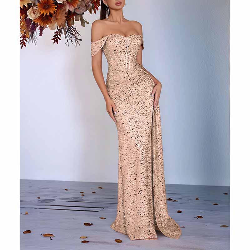 Off Shoulder Sequin Prom Dress | Long Ruch High Split Evening Gown - Styeenigma