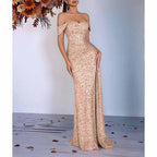 Off Shoulder Sequin Prom Dress | Long Ruch High Split Evening Gown - Styeenigma
