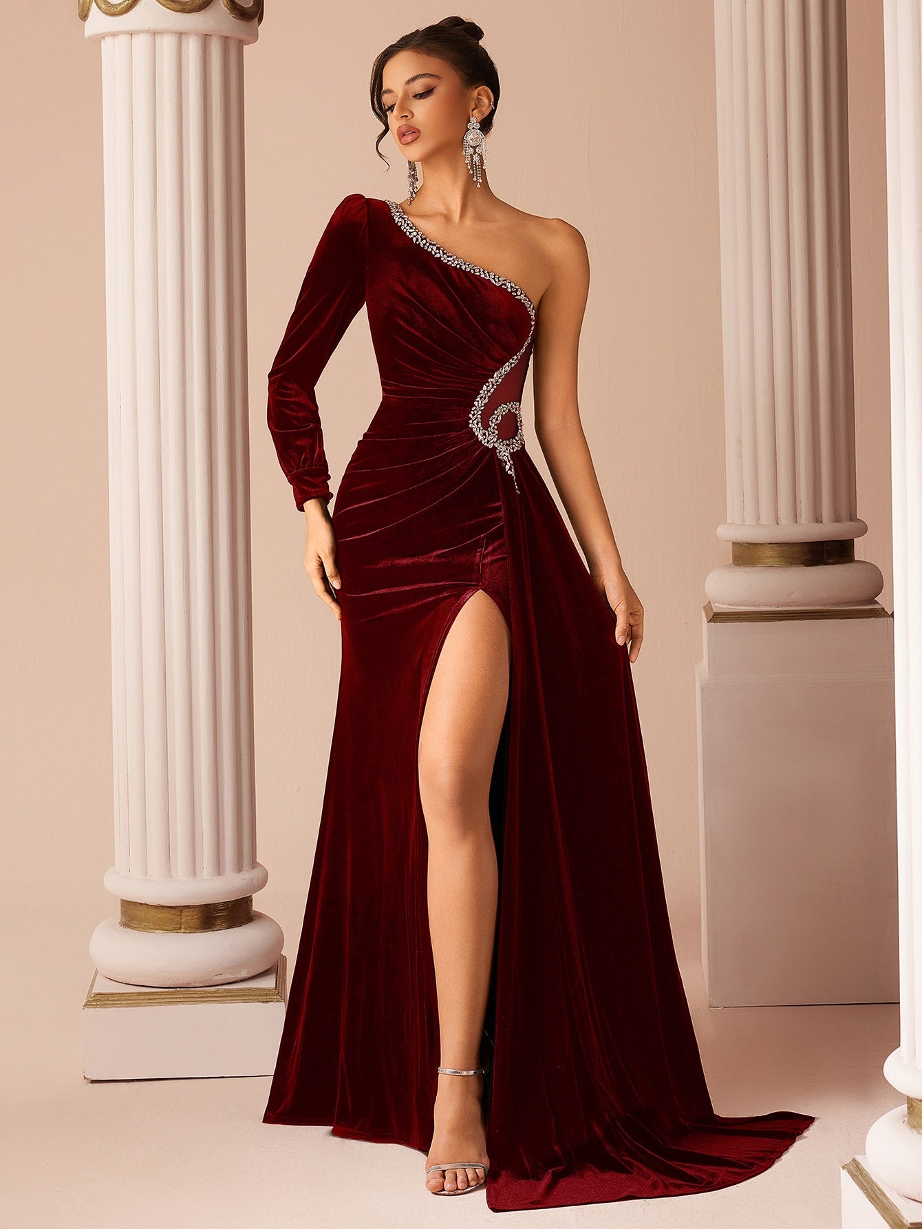 One-Shoulder Velvet Maxi Dress – Rhinestone Detail & High Slit Gown
