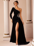 One-Shoulder Velvet Maxi Dress – Rhinestone Detail & High Slit Gown